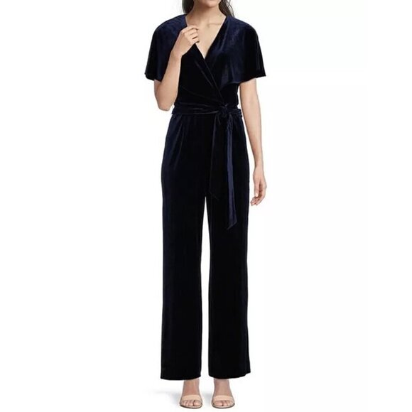 Alex Marie Size 16 Capelet Cape Navy Blue Velvet V-Neck Jumpsuit Wide Leg Formal - Picture 1 of 11